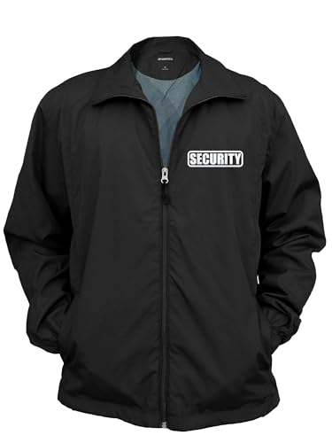 Security Zipped up Windbreaker in Black with White/Reflective Decorations Front and Back