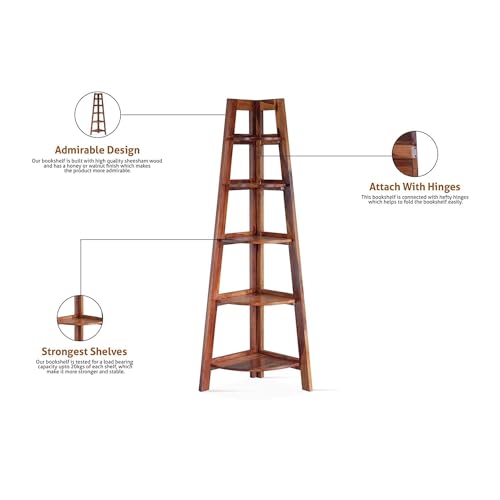 Image of SHYAM ART & CRAFT Solid Sheesham Wooden Corner Bookshelf for Living Room Floor Standing Corner Book Shelf 5 Tier Ladder Cabinet Corner Shelf for Home Decor|Bookshelf for Home | Brown Finish