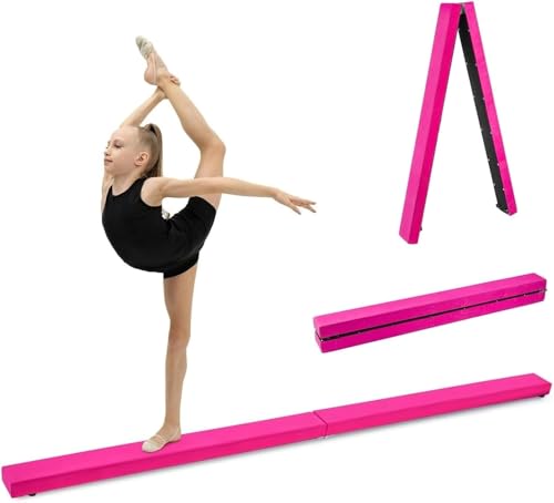 M.J COMFY-LIFE 2.1M (7FT) Folding Gymnastics Balance Beam for Kids - Home Training Beam with Non-Slip Suede Surface Supports 100kg Lightweight 4kg for Practice Beginner to Pro (Pink)