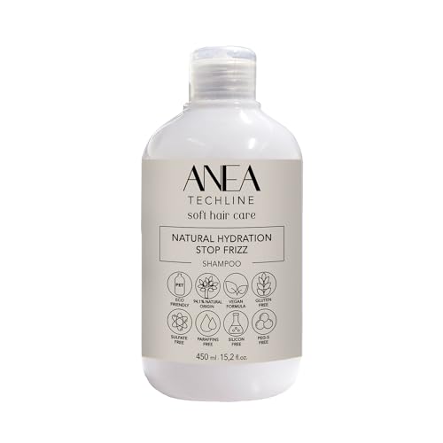 Anea Techline | Champú Natural Hidratación, Stop Encrespamaniento. Tratamiento libre de parafinas, sulfatos, PEG-S, siliconas y colorantes. Natural Hydration, Stop Frizz, Shampoo, 450 ml.