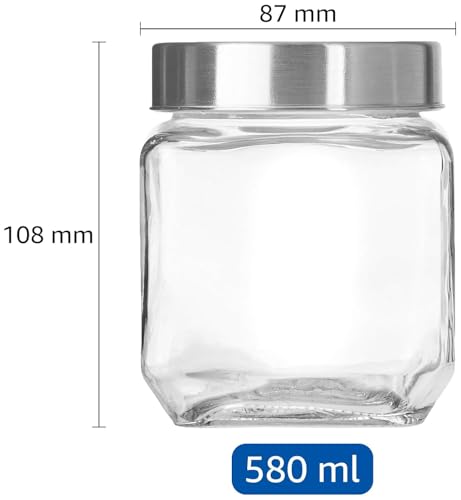 Image of CROCO JAR Square Glass Storage Containers 580ml | Transparent Airtight Kitchen Jars with Steel Lid | Cubical Glass Jars for Pantry, Snacks, Dry Fruits, Masala, Pickle & Coffee Beans | Pack of 2