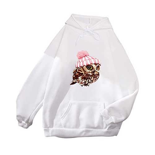Generisch Sweat à capuche pour femme avec imprimé hibou, sweat à capuche confortable pour adolescentes et femmes, Blanc., L