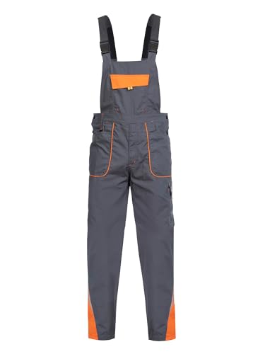 Stenso Prisma Arbeitshosen Männer Latzhose Herren Arbeitshose aus Ripstop - Leichtes und Verschleißfestes Material, Arbeitslatzhose Herren mit Cargotasche, Elastische Taille Grau/Orange EU60