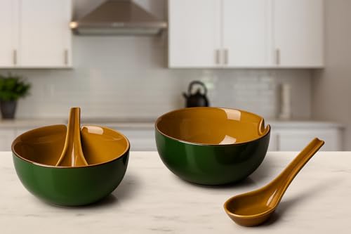 Image of HS Hindustani SAUDAGR Urban Mattee Green Ceramic Bowl Set of 2(240ml Each) Soup Bowl Without Handle & with Spoon Microwave Safe Bowls katori Ideal for Snacks Rice dal Desserts and Gifting.