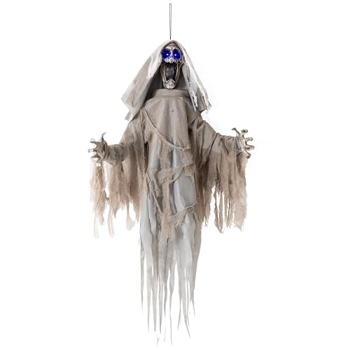 Halloween Animatronics Decorations Scary Hanging Ghost, 59'' Animated Halloween Skeleton Decor Motion Activated with Creepy Sound, Light Up Eyes, Party Decorations for Haunted House Indoor Outdoor by ELAMAS - Used condition - Image 7