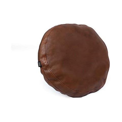 Ganloz 100% Lambskin Round Leather Pillow Cover - Sofa Cushion Case - Decorative Circular Cushion Throw Covers for Living Room & Bedroom - Dark Brown Diameter 14 Inch Cover
