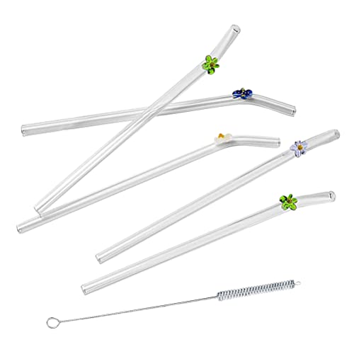 5 Pcs Pajitas de Vidrio Transparente Reutilizables Diseño de Flores Coloridas con 1 Cepillo de Limpieza para Batidos, Batidos, Jugos, Tes (Color aleatorio)