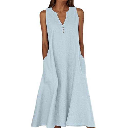 Linen Dresses for Women Plus Size Midi Dresses Summer V Neck Sleeveless Sun Dresses with Pockets Cotton Linen Dresses Sky Blue