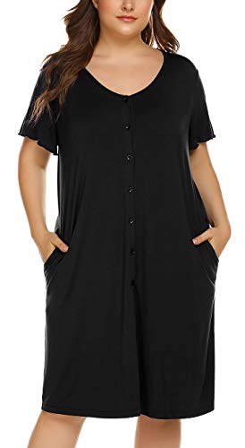 IN'VOLAND Women's Plus Size Nightshirt Button Down Nightgown Short Sleeve Sleepwear Sleep Shirts with Pockets Black