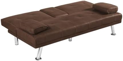 Miniatura 6 de Sofá cama tipo futón plegable convertible con patas de metal y 2 portavasos, moderno sofá tapizado de lino de tela, sofá biplaza plegable,