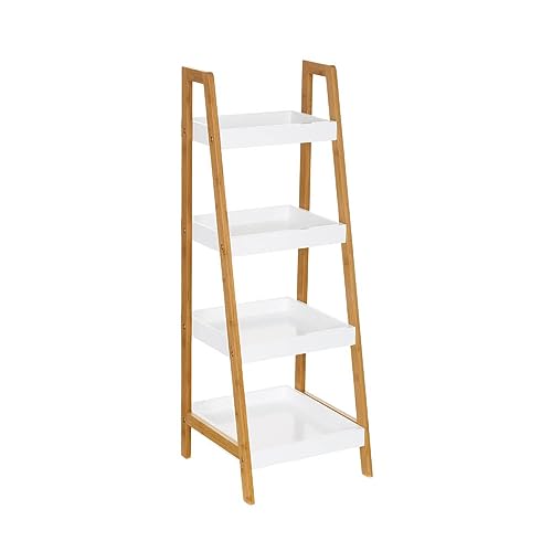 LOLAhome Estantería Escalera Madera Bambú Baño | Mueble Organizador Piramidal con 4 Niveles | Estante Almacenaje Cocina y Decoración Hogar | Natural y Blanca | De 30x29x72 cm
