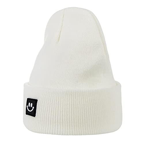 American Trends Men Women Beanie Hat Smiley Face Knit Cuffed Winter Hats Warm Soft Cute Plain Skull Beanie Hats For Outdoor White One Size #TOP1