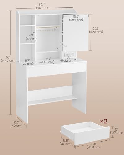 Image of VASAGLE KAILYN Collection - Vanity Desk with Power Outlets, Makeup Vanity with Mirror and Lights, Upholstered Vanity Stool, 6 Compartments, 2 Drawers, for Bedroom, Cloud White URDT031WB02S