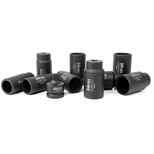 Neiko 02531A 10 Piece 12 Point Socket Set 1/2” Drive, Lug Nut Remover, Spindle Nut Socket, Axle Nut Socket Set, Metric 29-39Mm Socket 1/2 Drive Impact Set, Cr-Mo Impact Adapter, 3/4" -1/2” Reducer #TOP2