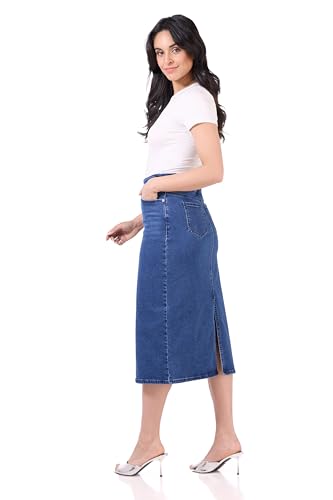 Rekucci Women's Secret Figure Stretch Denim Midi Skirt – Mid-Rise Jean Skirt with 5 Pockets & Back Vent2