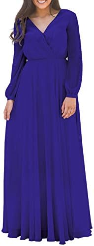 Prom Dress Long Chiffon Evening Maxi Gown Long Sleeves Bridesmaid Dresses Royal Blue