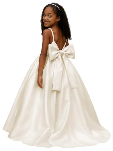 Elegant Satin Flower Girl Dresses for Wedding Floor Length Bow-Knot A-Line Princess Pageant Formal Gown