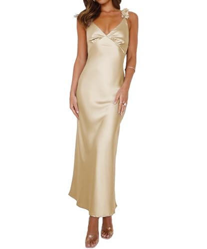 Image of Phicia Summer Satin Spaghetti Strap V Neck Midi Dresses for Women Wedding Guest Elegant Flower Backless Cocktail Formal Dress