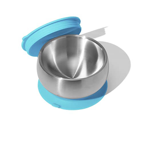 Image of Avanchy Baby Bowls with Suction and Storage Lids Set. Babies Kids Toddler Boys Girl First Food Feeding. Fits Feeding High Chair Table. Stainless Steel, Blue