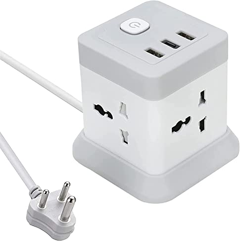 New Multi Plug Socket Extension Boards with USB Port with Universal Sockets and USB (2.4 A) Charging Ports (QC 3.0) with Indicator, 1.8 mtr Extension Cord, Safety Shutter (4 Sockets + 3USB Cube)