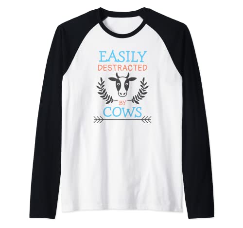 Fácilmente distraído por las vacas Funny Cow Farmer Men Farm Animal Camiseta Manga Raglan