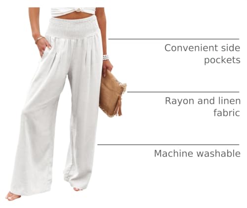 Image of ANRABESS Women Linen Palazzo Wide Leg Pants with Pockets | Smocked High Waist，Comfort Casual Flowy Pants，Lounge Everyday Wear，Summer Boho Cute，2026 Beach Travel Vacation Outfits