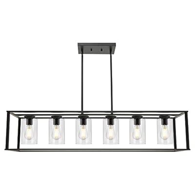 VINLUZ 6-Light Chandeliers Black Finished Farmhouse Dining Room Lighting Fixtures Hanging Industrial Modern Kitchen Island Pendant Lighting with Clear Glass Ceiling Lights for Restaurant Bar Hotel