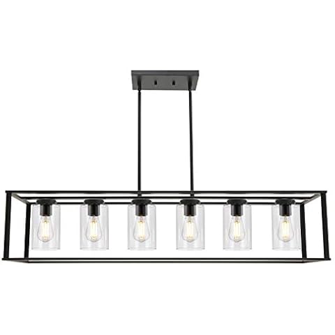 VINLUZ 6-Light Chandeliers Black Finished Farmhouse Dining Room Lighting Fixtures Hanging Industrial Modern Kitchen Island Pendant Lighting with Clear Glass Ceiling Lights for Restaurant Bar Hotel Cover