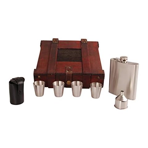 Set de regalo MYBOXES de petaca de 200 ml con embudo y estuche de piel para vasos de chupito Cover