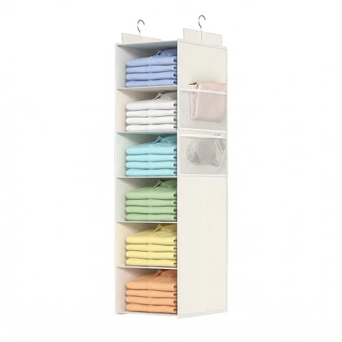 Extra Deep Hanging Storage with 6 Shelves and Large Mesh Pockets Durable Heavy-Duty Wardrobe Storage Organiser Hanging Shelves for Clothes and Hats Ideal for Dorms and Wardrobe 1-Pack(White)