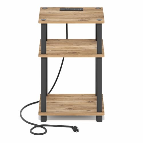 Image of Furinno Just 3-Tier Night Stand with Charging Station, Brown Oak | USB and Type-C Charging Port, Open Shelf Bedside Table, Side Table, End Table, for Living Room, Bedroom