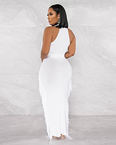 Image of YUEWOO 2 Piece Outfits for Women Sexy Crop Top Ruched Bodycon Maxi Dresses Fringe Skirt Sets Night Club Jumpsuits