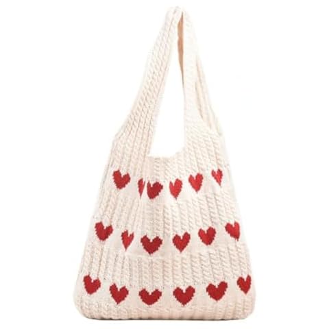 Tenbip Crochet Tote Bag Heart Tote Bag Y2k Aesthetic Knit Love Bags Beach Tote Bag Hippie Bag for Women (Beige) Cover
