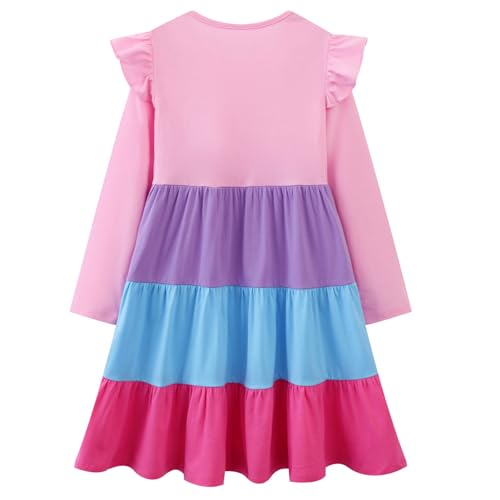 Image of Girl Long Sleeve Dress Ruffle Rainbow Color Block Cotton Casual Tiered Pleated Twirly Dress