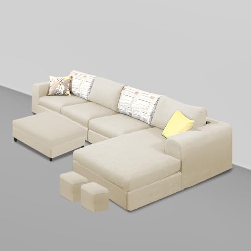 Image of Koza RHS 8 Seater L Shape Sofa Set with Center Table for Living Room (Cream Fabric) Premium Fabric Sofa