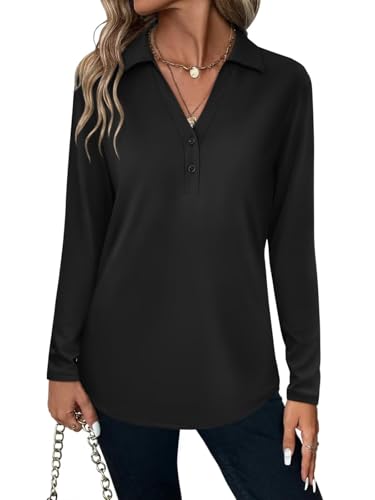 TICTICMISS Women's Collared V Neck Tops Long Sleeve Shirts Button Basic Casual Tunic Blouses Black