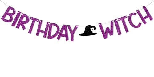 Birthday Witch Banner - Witch Halloween Birthday Party Decorations Hocus Pocus Bday Party Decorations Purple Glitter