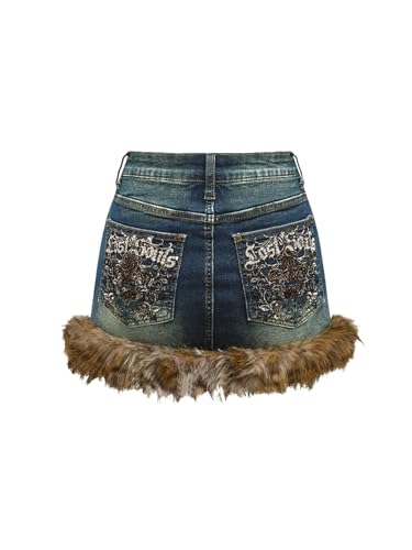 MakeMeChic Women's Mini Denim Skirt Fuzzy Zip Up Y2K Bodycon Jean Skirt with Pocket