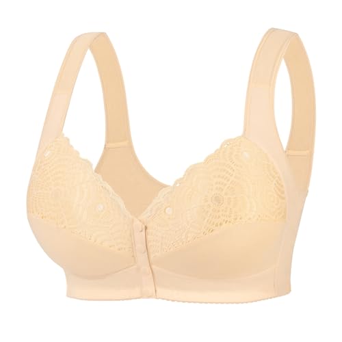 【2026 New】 Front Closure Bra for Women, Full Coverage Wireless Padded Bra with Lace Detail, Plus Size Support Bra for Seniors Apricot 50D
