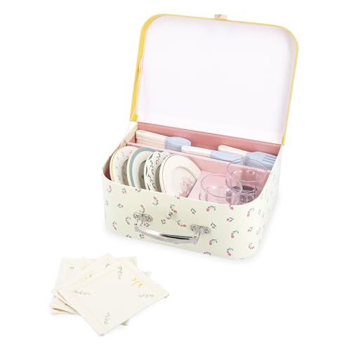 Janod - Valisette Dinette Bois - Kit Pique-Nique pour Enfants - pour 4 Personnes - 25 Pièces - Valisette en Carton...