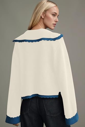 Ythomm Womens Scallop Lapel Collar Knit Cardigan Sweaters Color Block Long Bell Sleeve Open Front Fall Sweaters with Pockets2