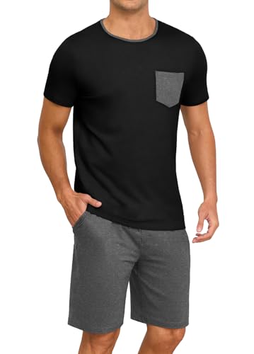Image of PrinStory Mens Summer Pajamas Set Lightweight Pjs Sets Short Sleeve Pajama Shorts Set Soft Sleepwear Loungewear with Pockets