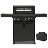 4 Burner Gas Grill Cast Iron Griddle Grill Combo, BBQ Propane Grills with Side Burner 50000BTU Heavy Duty Barbucue Grill With Cover, Black