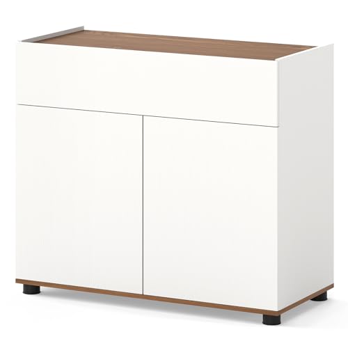 COSTWAY 2-Door Storage Cabinet, Buffet Sideboard with Push-to-Open Mechanism, Drawer & 2 Anti-Tipping Devices, Freestanding Kitchen Organiser for Dining Room (White)