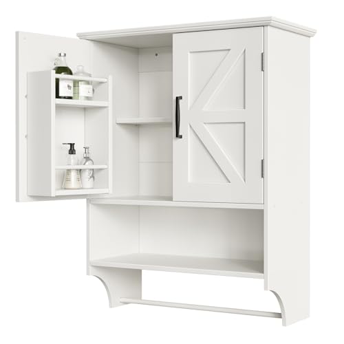 Tatub Farmhouse Bathroom Wall Cabinet, Wall Mounted Wood Medicine Cabinet Over Toilet, Hanging Bathroom Organizer with Behind Door Storage, White