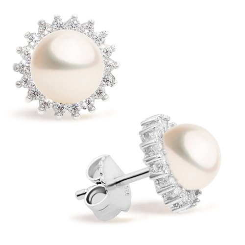 Women Pearl Stud Earrings, Fresh Water Cultured Pearls Button Shape 8-9 mm with Small Zirconia Stones Secret & You | Sterling Silver 925 Mounts with big nuts.