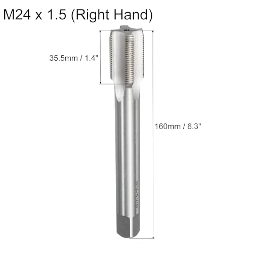 QUARKZMAN Metrisches Gewindebohrer M24 x 1,5 x 160mm, HSS6542 Gewindeschneider, Rechtshänder 4 Gerillter Flachkopf-Gewindebohrer, Gewindeschneidwerkzeug für Gusseisen, Kupfer, Legierung