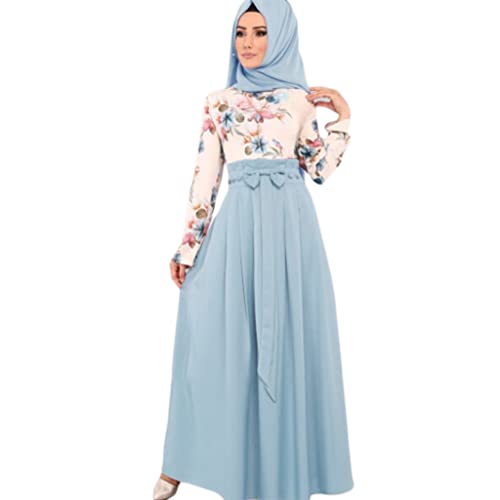DRERLIYAIZ Frauen Ramadan Eid Abaya Blumen Kontrast Farbe Maxikleid Muslimische Islamische Robe Frauen Kleid Blau, XL Cover