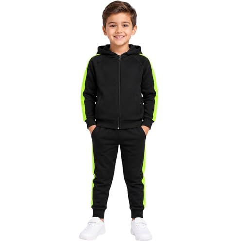 Survêtement plain zippé encapuchonné pour enfants en coton premium noir et vert fluo
