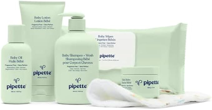 Pipette Baby Essentials Kit - Gender Neutral Baby Gift Set, Hypoallergenic, Petroleum & Fragrance Free, Natural Hydrating Plant-Derived Squalane, 6-Pieces
